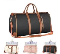 Weekend Bags for Women, Large PU Leather Travel Duffel Bag, 2 in 1 Carry On Garment Bag with Shoe Compartment, Waterproof Lightweight Overnight Holdall(Black,Black)