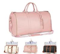 Weekend Bags for Women, Large PU Leather Travel Duffel Bag, 2 in 1 Carry On Garment Bag with Shoe Compartment, Waterproof Lightweight Overnight Holdall(Pink,Pink)