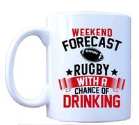 Weekend Forecast Rugby Mug, Funny Rugby Player Gift, 11oz White Ceramic Sports Cup with Drinking Humor, Perfect for Rugby Fans & Players