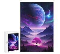 Weekend Puzzle Project: Planetary Landscape with Pink Tree, 1000 PCS, Wooden Picture Puzzle for Grown-Ups, for Mindful Indoor Entertainment