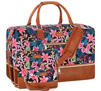 Weekender Bag for Women - Carry On Overnight Duffel with Shoe Compartment, Large Nylon Travel Tote, Black Flower, L