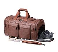 Weekender Bag with Shoe Compartment, Waterproof Pu Leather Overnight Bag Weekender Bag Mens Travel Duffle Bag Large Carry on Bag Travel Tote Duffel Bag for Men or Women-Brown
