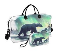Weekender Bags Travel Duffel Gym Bag Bear Green Northern Lights Carry on Overnight Tote Bag with Toiletry Bag for Airplane Travel Trip Gym Yoga