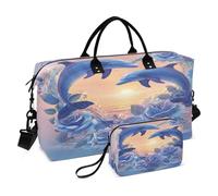 Weekender Bags Travel Duffel Gym Bag Blue Dolphin Rose Carry on Overnight Tote Bag with Toiletry Bag for Airplane Travel Trip Gym Yoga