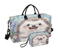 Weekender Bags Travel Duffel Gym Bag Happy Hedgehog Flower Carry on Overnight Tote Bag with Toiletry Bag for Airplane Travel Trip Gym Yoga