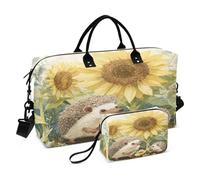 Weekender Bags Travel Duffel Gym Bag Hedgehog Family Gardening Under Giant Sunflowers Watercolor Wash Background Mo Willems Line Art S Carry on Overnight Tote Bag with Toiletry Bag for Airplane Tra