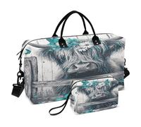 Weekender Bags Travel Duffel Gym Bag Highland Cow Blue Butterflies Daisies Carry on Overnight Tote Bag with Toiletry Bag for Airplane Travel Trip Gym Yoga