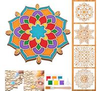 Weekgrat 11.8 Inch Diwali Rangoli Mats Mandala Sand Art Set Include 4 Pcs 6" Painting Stencils Wooden Coloring Mat Stencils for Diwali Rangoli Festivals Home Decor (Nature,Stylish Mandala)