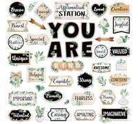 Weekgrat 45 Pcs Eucalyptus Affirmation Station Bulletin Board Set Motivational Posters Classroom Mirror Growth Mindset Decor Positive Affirmations Accents Cutouts for School Office Home Teacher Wall