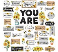 Weekgrat 45pcs Sunflower Bulletin Board Set Motivational Posters Classroom Mirror Growth Mindset Decor Positive Affirmations Accents Cutouts for School Office Home Teacher Wall
