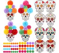 Weekgrat 8 Set Day of the Dead Sugar Skull Decorations Includ 8 Large 13.7 x 11 Inch Sugar Skull and 56 Paper Flower Balls DIY Halloween Party Decor Halloween Decorations Colorful Dia De Los Muertos