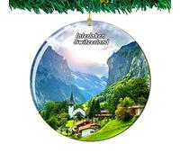Weekino Staubbach Falls Interlaken Switzerland Swiss Christmas Ornament City Travel Souvenir Collection Double Sided Porcelain 2.85 Inch Hanging Tree Decoration