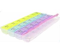 Weekly 7 Days Pill Organizer 4 Times A Day, Easy Filling with Push Button, Daily Morn/Noon/Night/Backup Medicine Case, for Vitamin, Fish Oil, Suppliments (Yellow, Blue, Purple, Red)