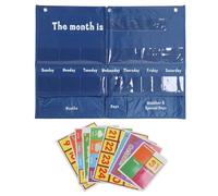 Weekly Calendar with Weather Pocket Chart, Classroom Learning Tool, 15 Clear Pockets with 3 Storage Bags and 12 Bright Cards, Educational Pocket Chart for Home School Kids