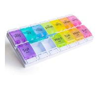 Weekly Pill Box | Easy to Open 2 Times a Day | Travel Tablet Medication Box with Push Button Pop Open Design, for Vitamins & Supplements (Double Row with Tray)
