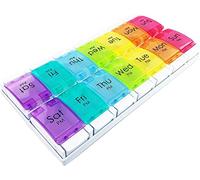 Weekly Pill Box Organiser | Easy to Open 2 Times a Day | Travel Tablet Box with Push Button Pop Open Design | Medication Organiser for Vitamins & Supplements (Double Row with Tray)