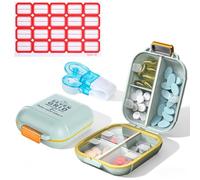 Weekly Pill Box, Travel Pill Organiser with 7 Compartments, Portable Pocket Pill Dispenser Storage Box with Pill Taker Remover and Label Stickers, Tablet Boxs for Vitamins Supplements Medicine, Green