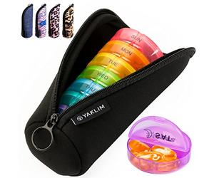 Weekly Pill Boxes 7 Day 2 Times a Day, Large Pill Box Organiser with Zipper Neoprene Case, XL 7day Round Travel Pill Organiser Daily AM PM Tablet Holder for Vitamin Supplement Pot (Black)