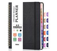 Weekly Planner Undated Diary：A5 Leather Planner, 53 Weeks & 12 Months,Black | Diary with 24 Monthly Self-Adhesive Tab,100GSM Thick Paper, To Do List Notebook,Planners for Women Men Student 14.5x21cm