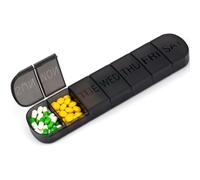Weekly Portable Pill Box, Travel Pill Case with Push Button Pop Open Lids Design, 7-Day 1 Times a Day Medicine Storage Case, Easy to Open Tablet Organiser for Vitamins, Supplements & Medicine (Black)