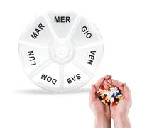 Weekly Round Pill Box 8.5cm with Large Italian Writing - 7 Compartments for Pills and Supplements - New Model with Reinforced Hinges - Compact and Easy to Use Organizer