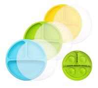 Weeme Baby Plate Children's Plate with Suction Cup Set, Silicone Non-Slip Children's Plate, Toddler Plate with Spoon Fork, Baby Place Set for Baby, Toddler and Children (Green, Blue, Yellow, with Lid)