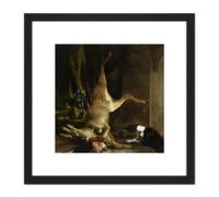 Weenix Dog And Cat Near Disembowelled Deer 8X8 Inch Square Wooden Framed Wall Art Print Picture with Mount Artery8 Black One Size