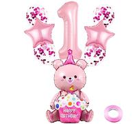 Weenkeey 1st Bear Birthday Balloons Giant 4D Bear Aluminum Foil Balloon Number 1 Mylar Balloon Bear Hug Cake Balloon for Bear Theme Party Supplies Girls Birthday Baby Shower Décor - Pink