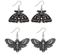 Weenkeey 2 Pairs Goth Butterfly Dangle Earrings Luna Moth Earrings Crescent Moon Star Drop Earrings Punk Skull Pendant Earrings for Women Girls - Silver