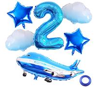 Weenkeey 2nd Airplane Birthday Balloons Aircraft Balloon 2nd Birthday Decor Giant Airplane Aluminum Foil Balloon Number 2 Mylar Balloon for Flying Party Boys Birthday Decor - Blue