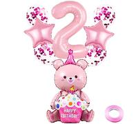 Weenkeey 2nd Bear Birthday Balloons Giant 4D Bear Aluminum Foil Balloon Number 2 Mylar Balloon Bear Hug Cake Balloon for Bear Theme Party Supplies Girls Birthday Baby Shower Décor - Pink
