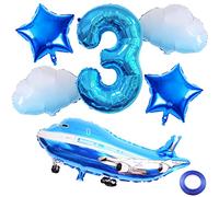 Weenkeey 3rd Airplane Birthday Balloons Aircraft Balloon 3rd Birthday Decor Giant Airplane Aluminum Foilballoon Number 3 Mylar Balloon for Flying Party Boys Birthday Decor - Blue
