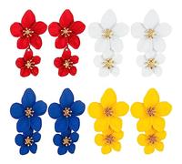 Weenkeey 4 Pairs Bohemian Daisy Flower Earrings Floral Petal Drop Dangle Earrings Metal Double Flower Earrings for Women Girls - White Yellow Red Blue