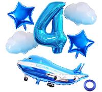 Weenkeey 4th Airplane Birthday Balloons - Aircraft Balloon, Giant Aluminum Foil Number 4 Mylar for Flying Party Boys Decor - Blue
