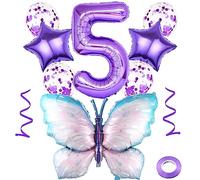 Weenkeey 5th Butterfly Birthday Balloons Giant Purple Butterfly Aluminum Foil Balloon Number 5 Mylar Balloon for Butterfly Theme Party Supplies Baby Shower Girls Birthday Décor