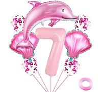 Weenkeey 7th Dolphin Birthday Balloons Giant Dolphin Aluminum Foil Balloon Number 7 Mylar Balloon Ocean Animals Balloons for Ocean Theme Party Supplies Girls Birthday Décor - Pink