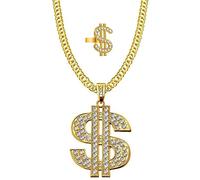 Weenkeey Pack of 2 Dollar Sign Necklace, Open Ring, Golden Dollar Chain, 70s, 80s, 90s, Hip Hop Gold Necklace for Men and Women, Metal