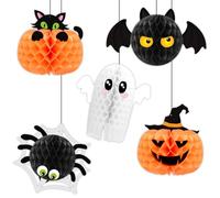 WEEPA 5 Pcs Halloween Honeycomb Hanging Decorations Honeycomb Bat Ghost Spider Pumpkin Ornaments for Halloween Decorations Indoor Outdoor Party