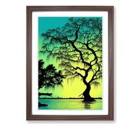 Weeping Willow Tree At Dusk Framed Wall Art Print A2 Walnut