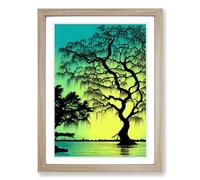 Weeping Willow Tree At Dusk Framed Wall Art Print, Ready to Hang Picture for Living Room Bedroom Home Office, Oak A2 (48 x 66 cm)