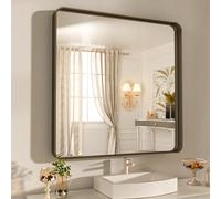 WEER 36x30 Inch Bronze Bathroom Mirror for Vanity, Brushed Bronze Metal Frame Mirror for Wall, Rounded Rectangle Bronze Frame Mirror with Tempered Glass, Anti-Rust (Horizontal/Vertical)
