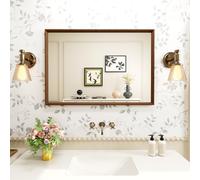 WEER Brown Bathroom Mirror, 45x65cm Polymer Frame Rectangular Wall Mirror with Wood Effect, Moisture-Resistant Vintage Home Decor for Bathroom, Bedroom, Living Room, Horizontal or Vertical