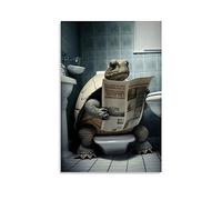 WEERSHUN Turtle on Toilet Poster Reading Newspaper Poster for Kids Bathroom Humour Funny Animal on Toilet Black White Poster Canvas 90s Wall Art