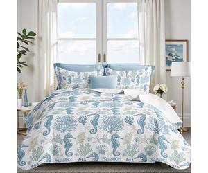 weesire Coastal Bedding Quilt King Size with 2 Shams, Nautical Beach Bedspreads Light Blue Ocean Coastal Coverlet Sets Summer Comforter Set for All Season, 90x96