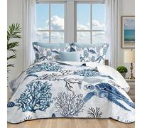 weesire Nautical Beach Quilt Queen Size - Reversible Microfiber Bedding Ocean Coastal Bedspread Coverlet Sets for All Season Quilt Full Size with 1 Shams Turtle Coral 86''x68''2 Piece Set Navy Blue
