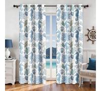 weesire Nautical Coastal Curtains Decorative Beach Ocean Seahorse Coral 50% Light Blocking Sea Darkening Grommet Curtain for Villa Living Room, Bedroom Navy Blue and White 2 Panels Set, 52x84 Inches