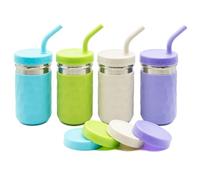 WeeSprout 2-in-1 Drinking Cups for Kids, Durable Stainless Steel Tumbler for Smoothies, Silicone Straws with Stoppers, Premium Plastic Twist Lids, Easy-Grip Sleeves, Set of 4 Dishwasher Safe Kid Cups