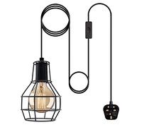 WEEVDRIE Industrial Plug in Pendant Light Cord, Black Cage Plug in Ceiling Light Hanging Light with 600cm Power Cord and On/Off Switch, Vintage Pendant Lighting Farmhouse Hanging Lamp Fitting