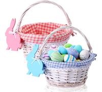 Weewooday 2 Pcs Wicker Easter Basket Tote Bags with 2 Name Tags Wooden Bunny, Easter Basket with Handle with Removable Liner for Party Supplies(Pink, Blue)