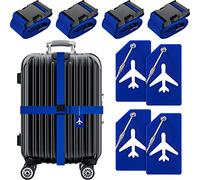 Weewooday 8 Pcs Luggage Straps Suitcase Tags Set for TSA Approved, 4 Travel Adjustable Suitcase Belt, 4 Silicone Luggage Tags with Name ID Card Travel Accessories(Ultramarine,Airplane)